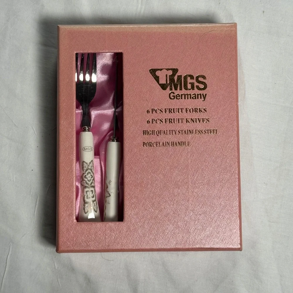 MGS Germany 12pc Fruit Fork Knife Set OS White Pink Porcelain Floral Formal‎